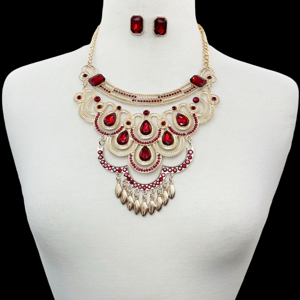 Large Red Bollywood Style Statement Rhinestone Gold Necklace Earrings Set